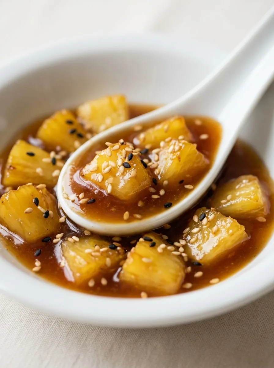 A glass bowl filled with thick, glossy amber pineapple teriyaki sauce topped with a slice of fresh pineapple and a sprig of cilantro.
