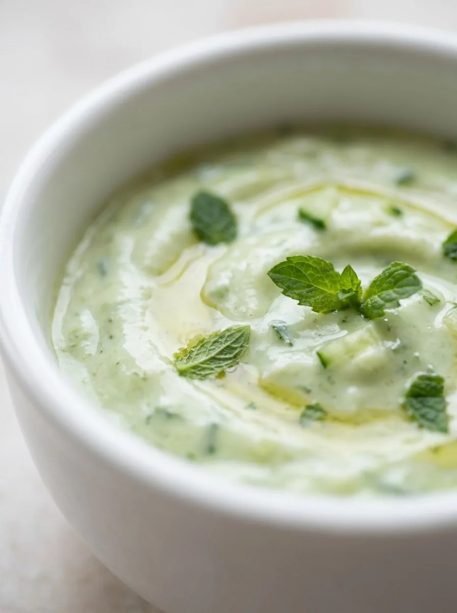 A bowl of mint yogurt sauce with cucumber slices and fresh mint sprigs, resting on a wooden table.
