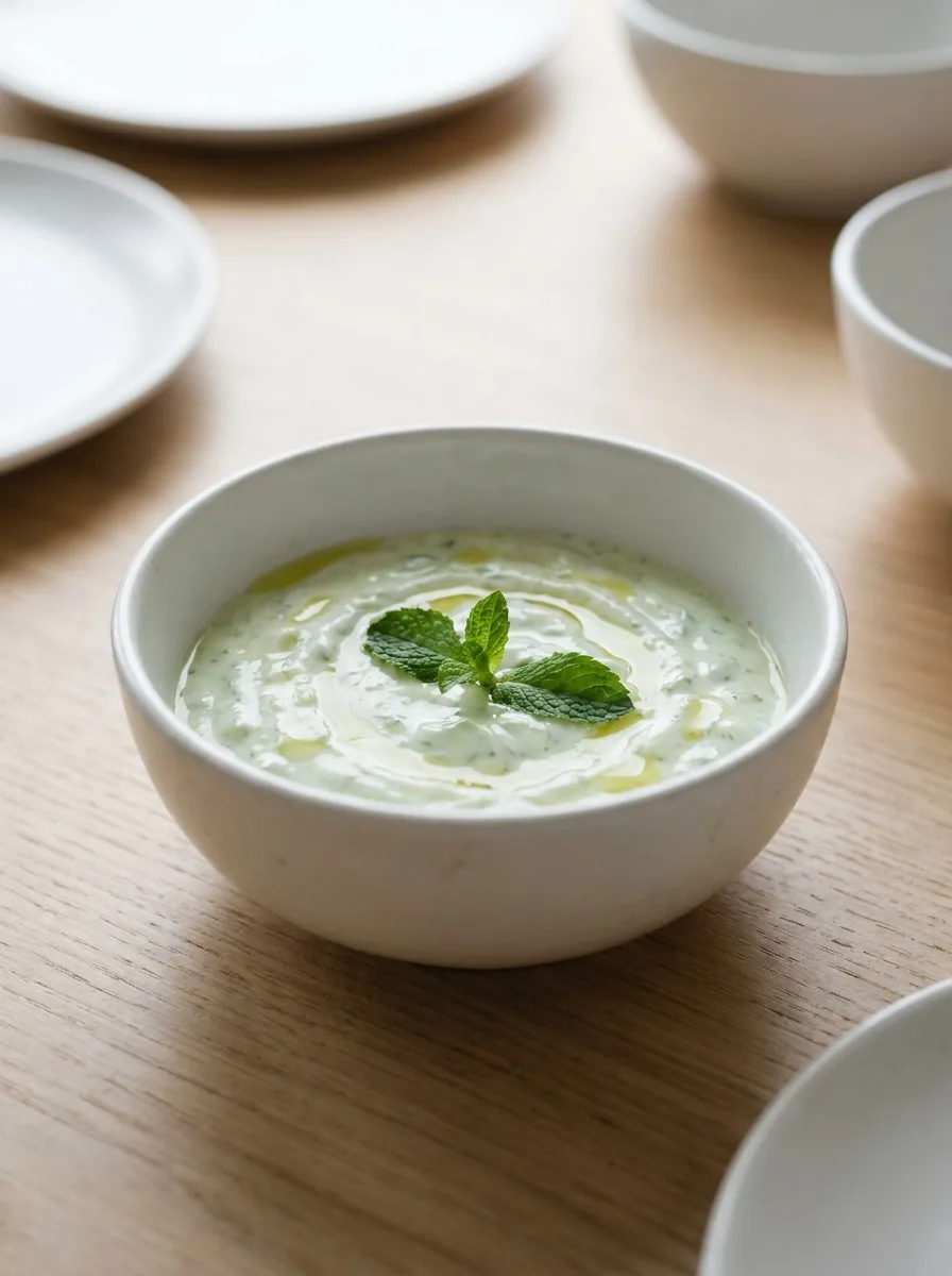 A spoonful of mint yogurt sauce drizzled over grilled lamb kebabs, showcasing its creamy texture and vibrant green hue