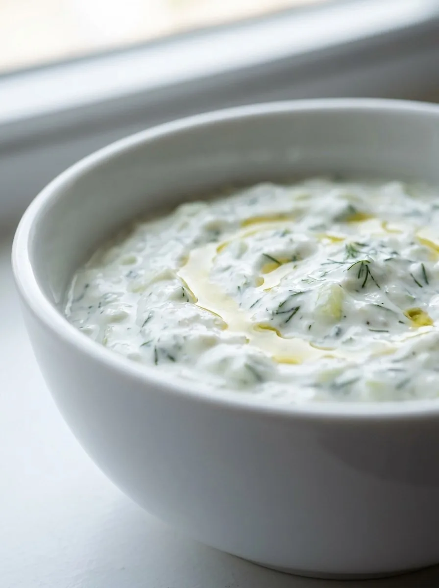 A bowl of creamy tzatziki sauce topped with a drizzle of olive oil and a sprig of dill, served with warm pita bread.