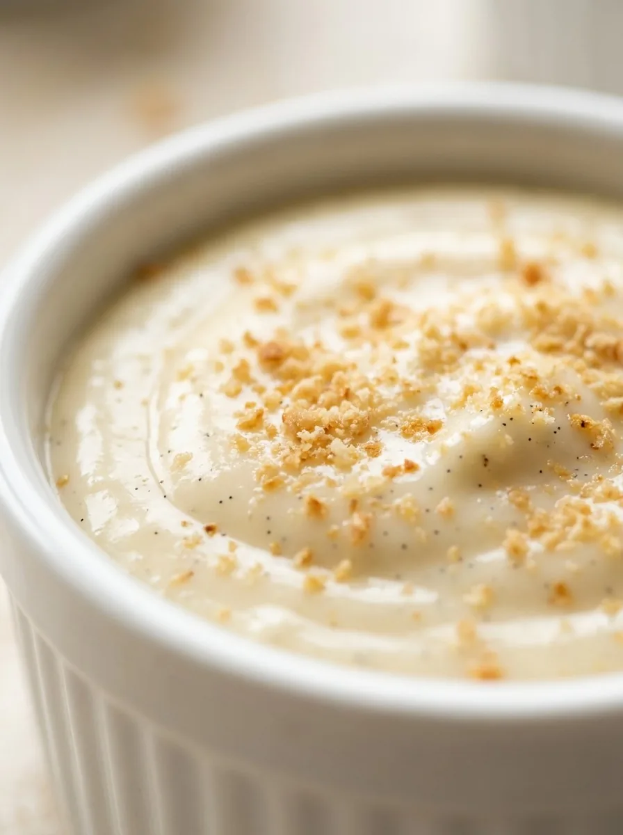 A bowl of thick, pale yellow vanilla custard sauce with a spoon resting inside, garnished with a small sprig of fresh mint.