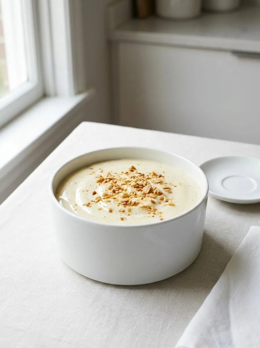 A close-up of the custard being stirred in a saucepan, showing a glossy, thick consistency coating the back of the spoon.